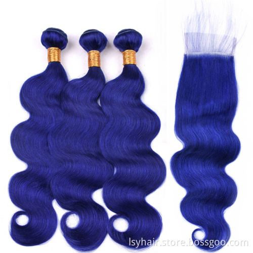 Royal Navy Blue Colour 100% Peruvian Body Wave Human Hair Weave Bundles With Lace Closure, Dark Blue Virgin Sew In Hair Weaving